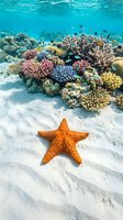 Vibrant coral reef ecosystem with orange starfish on sandy ocean floor, tropical fish swimming among colorful hard corals in crystal clear turquoise water.