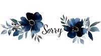 Watercolor navy blue floral arrangement with calligraphy sorry text and gray leaves on white background, isolated design element for sympathy cards and messages.