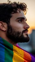 Young Mediterranean man with curly hair and beard wearing rainbow pride flag at sunset, profile view showing contemplative expression and warm golden hour lighting.
