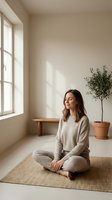 Young woman meditating in peaceful beige room with natural light and olive tree. Mindfulness wellness lifestyle concept for mental health and relaxation.