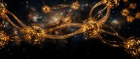 Golden neural network connections with glowing nodes and flowing data streams on dark background for technology and artificial intelligence concepts.