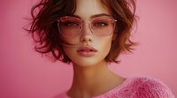 Young Asian woman with short wavy hair wearing transparent glasses and pink sweater against pink background, soft beauty portrait with natural makeup and glossy lips.