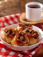 Glazed donuts topped with caramel sauce and candied pecans on white plate with coffee cup and red checkered napkin. Cozy breakfast setting.