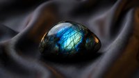 Polished labradorite gemstone with brilliant blue and green flash on dark silk fabric for luxury jewelry and spiritual healing concepts.
