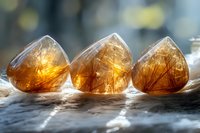 Three amber rutilated quartz crystals arranged in row on natural wood surface with soft bokeh background, glowing with warm golden light in macro photography.