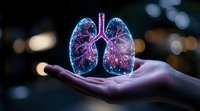 Glowing holographic lungs floating above open palm against dark background with bokeh lights, showcasing medical technology advancement and respiratory health concept.