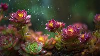 Vibrant pink and green succulent plants with water droplets in rain, featuring bright yellow centers against a dark green blurred background.