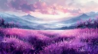 Dreamy purple landscape with lavender fields stretching toward misty mountains under a dramatic sunset sky. Serene nature scene for wall art.