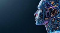 Female profile with integrated circuit patterns merging human and technological elements, glowing blue and purple circuitry on dark background illustrates artificial intelligence concept.