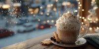Cozy winter coffee with whipped cream and cinnamon on wooden table with warm bokeh lights and falling snow creating festive holiday atmosphere.
