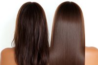 Comparison of straight and wavy brown hair textures shown on two women from behind, demonstrating hair treatment results and styling differences.