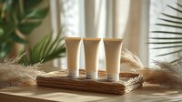White cosmetic tubes on wooden platform with pampas grass and palm leaves in soft morning light creating minimalist spa composition for beauty products.