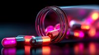 Medical capsules and pills spilled from transparent bottle on reflective surface with dramatic pink and red lighting against dark background.