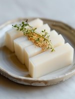 Fresh tofu blocks garnished with delicate microgreens and sesame seeds on ceramic plate, close-up view showing smooth texture and clean presentation for Asian cuisine.