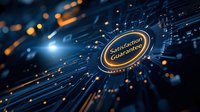 Golden satisfaction guarantee badge on dynamic digital background with glowing blue light trails and particles, representing quality assurance in technology.