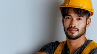Young Asian construction worker wearing yellow hard hat and safety vest smiles confidently against light background, showcasing professional workplace safety and leadership.