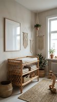 Boho nursery interior with rattan changing table, macrame wall hangings, woven baskets and natural textures creating warm minimalist baby room design.