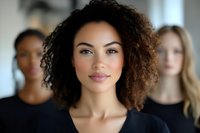 Young mixed race woman with curly afro hair and natural makeup smiling confidently at camera, with diverse group of female models in background wearing black.