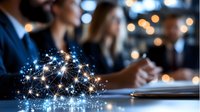 Digital neural network sphere glowing on business meeting table with diverse professionals discussing strategy in background, bokeh light effects.