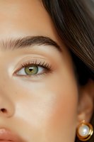 Close-up of green eye with natural makeup, defined eyebrow, and pearl earring visible. Soft lighting highlights smooth skin texture and long eyelashes.