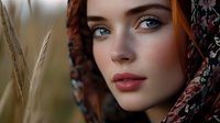 Young woman with red hair and blue eyes wearing floral headscarf, natural makeup and coral lipstick against blurred nature background, close-up portrait.