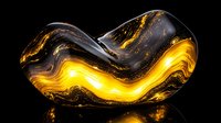 Abstract black and gold liquid waves forming curved shape on dark background, glowing golden streaks in smooth flowing motion create luxurious marble-like pattern.
