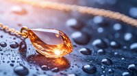 Glowing amber crystal pendant on wet dark surface with water drops, dramatic lighting creates magical atmosphere and reflections in droplets.