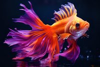 Vibrant orange and purple betta fish with flowing fins swimming gracefully against dark background, displaying elegant movement and dramatic color contrast.