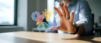 Male professional in business casual attire interacting with colorful glowing digital icons representing gears, lightbulb, and settings, symbolizing innovation and technology solutions for corporate environments.