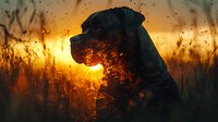 Silhouette of large dog against dramatic sunset sky with tall grass in foreground, creating moody atmospheric nature scene with golden backlight and bokeh effect.
