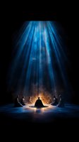 Mystical meditation circle with people silhouettes sitting in lotus position under dramatic blue light rays streaming from above, spiritual gathering atmosphere.