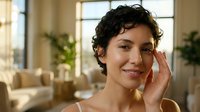 Young woman with short dark curly hair and olive skin tone applying skincare product to her face in bright, modern interior with plants and natural light.