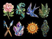 Botanical and decorative elements collection featuring pink peony flower, ornamental scrollwork, blue swallow bird, fern leaves, crossed paintbrushes, purple crystal cluster, golden mandala sun, and teal compass rose. Isolated on transparent background, ready for t-shirt design, clipart, stickers, and print-on-demand projects.