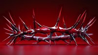 Crown of thorns with sharp metallic spikes on dramatic red background symbolizing sacrifice, pain, and religious devotion for Easter and Christian themes.