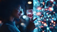 Young African American woman holding wine glass against blurred holiday lights and bokeh background, creating atmospheric evening mood.