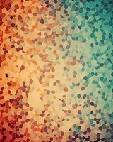 Abstract mosaic pattern transitioning from deep red to turquoise with scattered geometric shapes creating a gradient effect, suitable for modern interior design backgrounds.