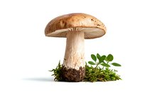 Fresh porcini mushroom with brown cap growing from forest soil with moss and small plants, isolated on white background.