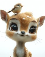 Adorable cartoon deer character with big expressive eyes and tiny bird friend perched on head, rendered in soft brown tones against white background.
