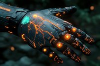 Futuristic robotic hand with glowing orange circuitry and green display panel against dark background, showcasing advanced cybernetic technology.