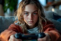 Young woman with blonde wavy hair and intense blue eyes wearing orange sweater focused while playing video games with controller, casual lifestyle portrait in natural light.