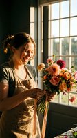 Woman florist arranging colorful gerbera daisies and roses in vase by sunlit window, wearing apron, small business flower shop owner preparing fresh bouquet.