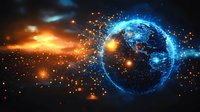Digital Earth with glowing network connections and orange particles against dark space background, representing global technology and data exchange across continents.