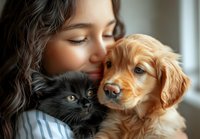 Young woman with dark wavy hair embracing golden retriever puppy and black cat in tender moment near window, showing love and bond between human and pets.