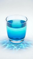 Glass of bright turquoise liquid beverage isolated on white background with water ripple reflection effect, suitable for health, wellness, and drink advertising designs.