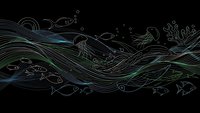 Abstract underwater scene with flowing lines and fish silhouettes on black background. Marine life illustration with wave patterns and aquatic elements.