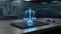 Digital justice scales hologram emerging from tablet on modern desk with futuristic interface background for legal technology and law firm applications.