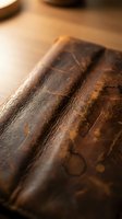 Close-up of weathered wooden cutting board with rich grain patterns and natural texture on kitchen counter for culinary backgrounds and food preparation.