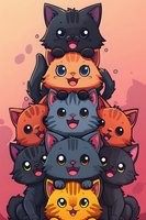 Adorable cartoon cats stacked in pyramid formation with kawaii expressions against pink gradient background. Black, orange and gray kittens with big eyes and happy faces.