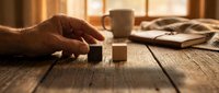 Hand placing wooden blocks on rustic table in warm morning light with coffee cup and newspaper creating cozy workspace atmosphere for planning concepts.