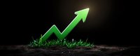 Glowing green arrow graph emerging from soil against dark background shows growth, success and development concept in business and finance sector.